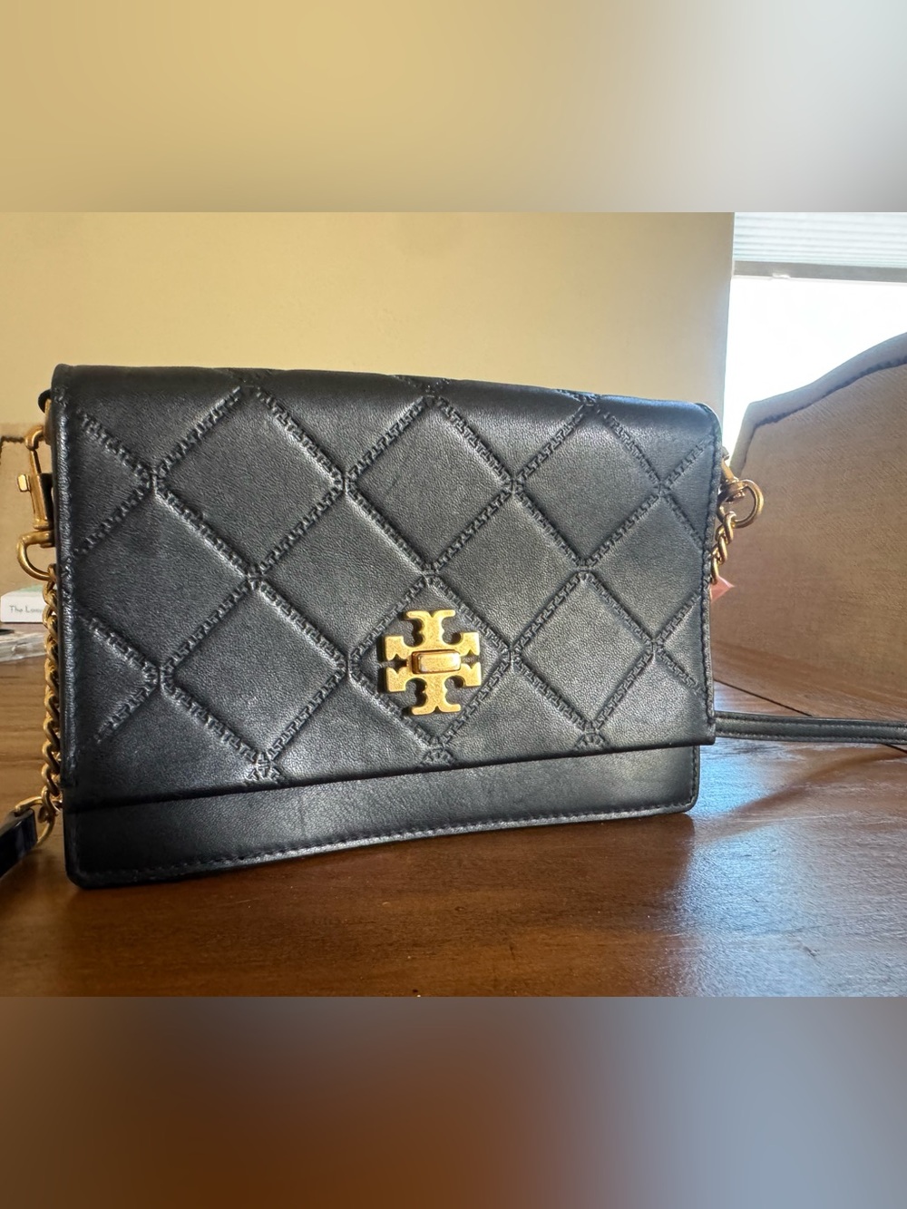 Tory Burch Black Quilted Leather Crossbody with Gold Logo